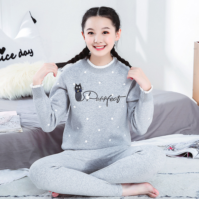 Termalni set za tinejdžerice, mješavina materijala s flisom, dvostruki sloj, okrugli izrez, dugi rukav, gornji dio + hlače