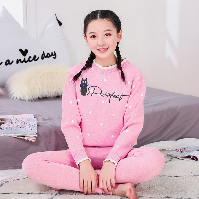 Termalni set za tinejdžerice, mješavina materijala s flisom, dvostruki sloj, okrugli izrez, dugi rukav, gornji dio + hlače