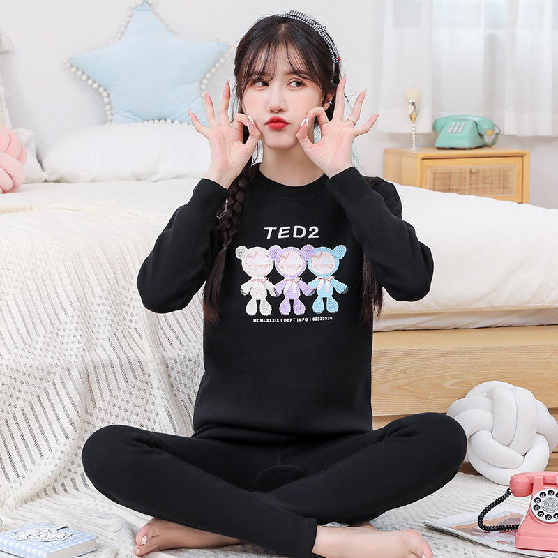 Termalni set za tinejdžerice, mješavina materijala s flisom, dvostruki sloj, okrugli izrez, dugi rukav, gornji dio + hlače