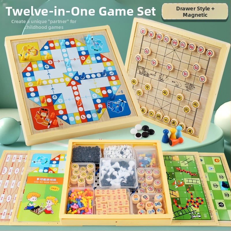 Magnētiska koka galda šaha dēļa bērniem – viss vienā, izglītojoša puzle spēle (3-6 gadi)