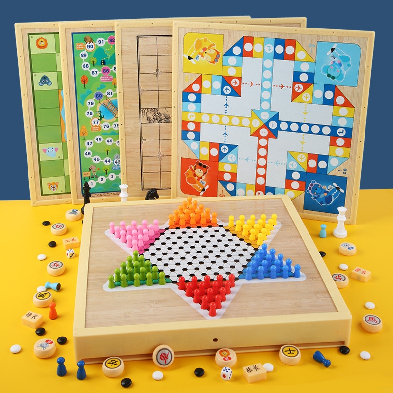 Magnētiska koka galda šaha dēļa bērniem – viss vienā, izglītojoša puzle spēle (3-6 gadi)