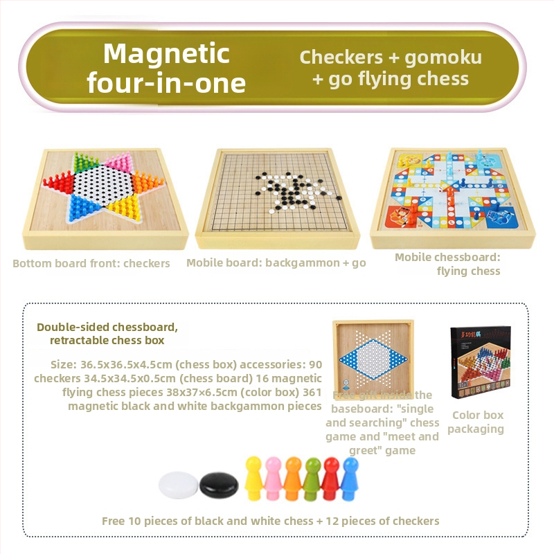 Magnētiska koka galda šaha dēļa bērniem – viss vienā, izglītojoša puzle spēle (3-6 gadi)