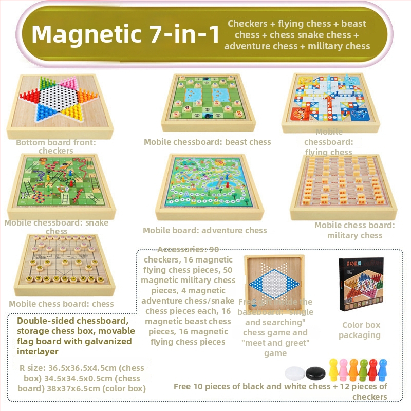 Magnētiska koka galda šaha dēļa bērniem – viss vienā, izglītojoša puzle spēle (3-6 gadi)