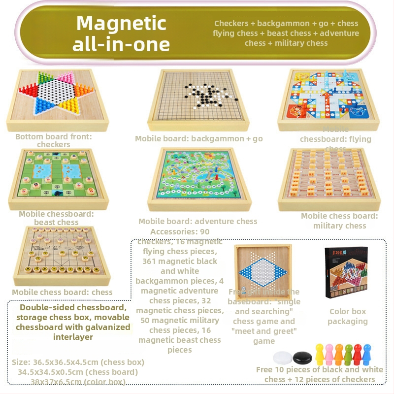 Magnētiska koka galda šaha dēļa bērniem – viss vienā, izglītojoša puzle spēle (3-6 gadi)