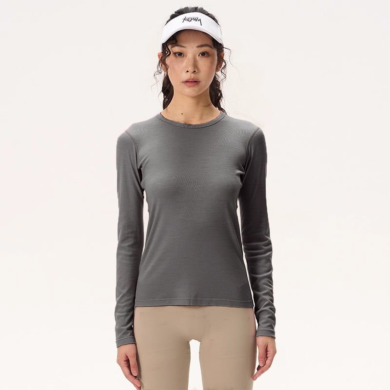 Grey Shell Merino Wool Quick-Dry Μακριά Μανίκια T‑Shirt Γυναικών – Διαπνοή, Αθλητικό Για Πεζοπορία και Τρέξιμο