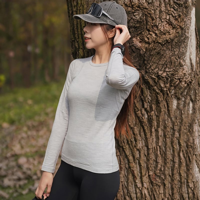Grey Shell Merino Wool Quick-Dry Μακριά Μανίκια T‑Shirt Γυναικών – Διαπνοή, Αθλητικό Για Πεζοπορία και Τρέξιμο