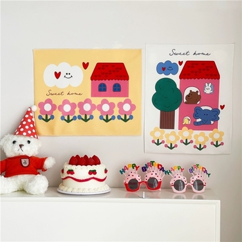 Zidni gobelin, pravokutnog oblika, 100% poliester, motiv krajolika s medvjedima i cvijećem, digitalni toplinski prijenos tiska, pogodna za dnevni boravak, spavaću sobu i vanjske prostore