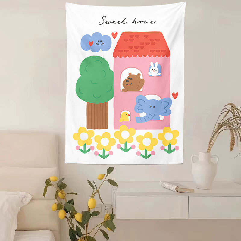 Zidni gobelin, pravokutnog oblika, 100% poliester, motiv krajolika s medvjedima i cvijećem, digitalni toplinski prijenos tiska, pogodna za dnevni boravak, spavaću sobu i vanjske prostore