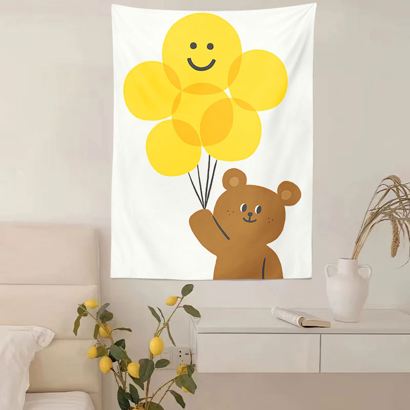 Zidni gobelin, pravokutnog oblika, 100% poliester, motiv krajolika s medvjedima i cvijećem, digitalni toplinski prijenos tiska, pogodna za dnevni boravak, spavaću sobu i vanjske prostore