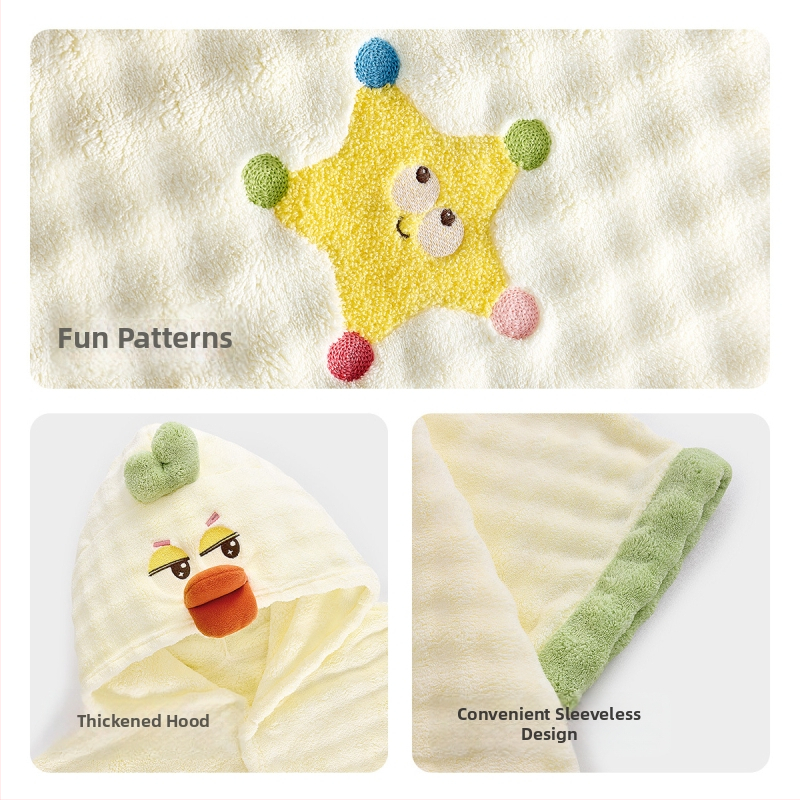 Детски халат‑кърпа от коралов флис, носещ се като наметало, абсорбиращ и бързосъхнещ, тегло на тъканта 100–120 г/м², за плуване и къпане