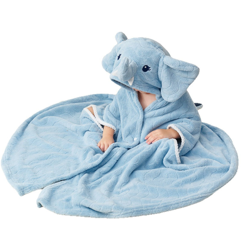 Vaikų nešiojamas vonios chalatas iš coral fleece, sugeria vandenį ir greitai džiūsta, audinio svoris 100–120 g/m², tinkamas plaukiojimui ir maudynėms