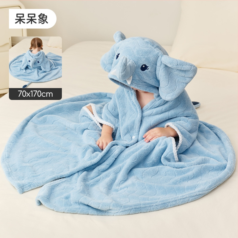 Vaikų nešiojamas vonios chalatas iš coral fleece, sugeria vandenį ir greitai džiūsta, audinio svoris 100–120 g/m², tinkamas plaukiojimui ir maudynėms