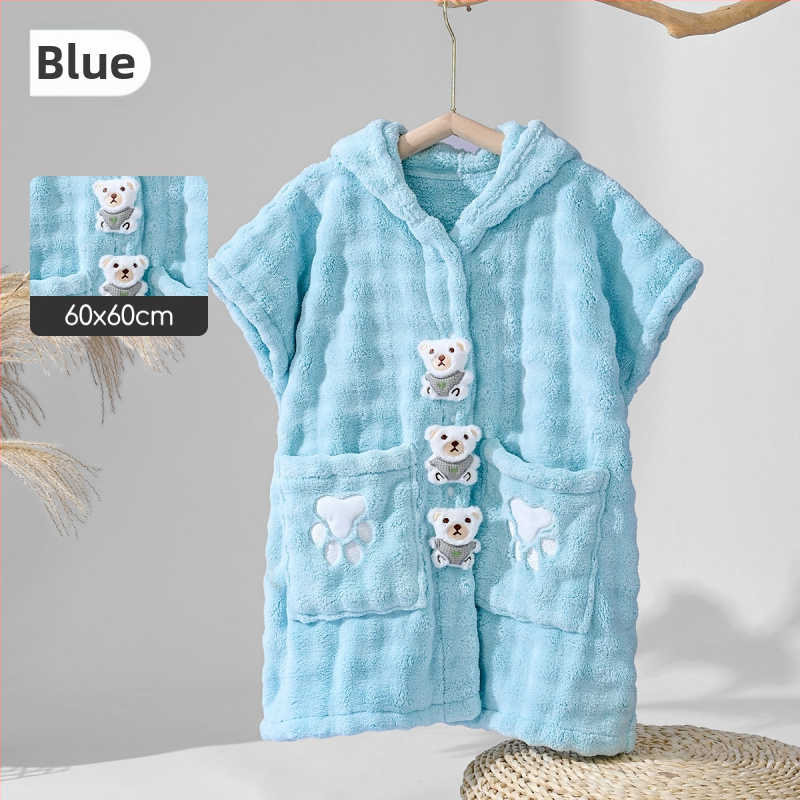 Vaikų nešiojamas vonios chalatas iš coral fleece, sugeria vandenį ir greitai džiūsta, audinio svoris 100–120 g/m², tinkamas plaukiojimui ir maudynėms