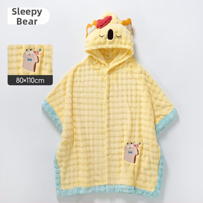 Vaikų nešiojamas vonios chalatas iš coral fleece, sugeria vandenį ir greitai džiūsta, audinio svoris 100–120 g/m², tinkamas plaukiojimui ir maudynėms