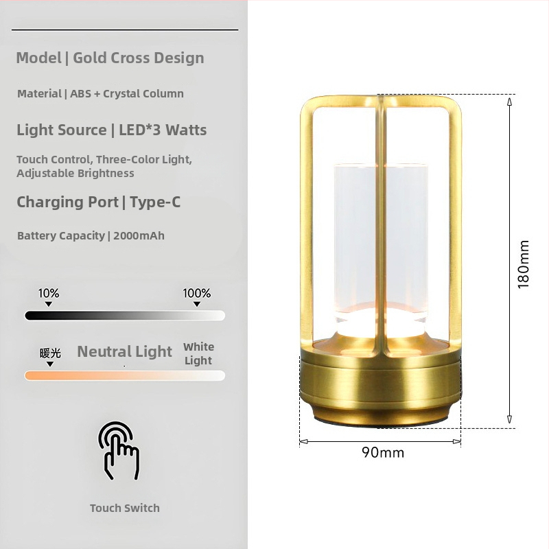 Stalo lempa su kryžiaus formos krištolo dizainu, įkraunama, prisilietimo valdymas, aplinkos šviesa, metalo laikiklis