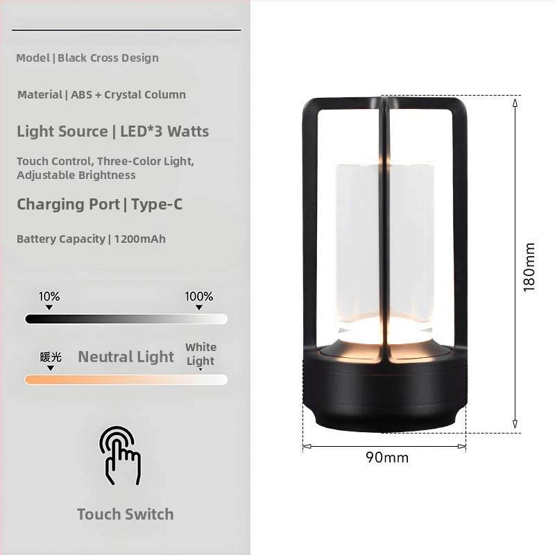 Stalo lempa su kryžiaus formos krištolo dizainu, įkraunama, prisilietimo valdymas, aplinkos šviesa, metalo laikiklis