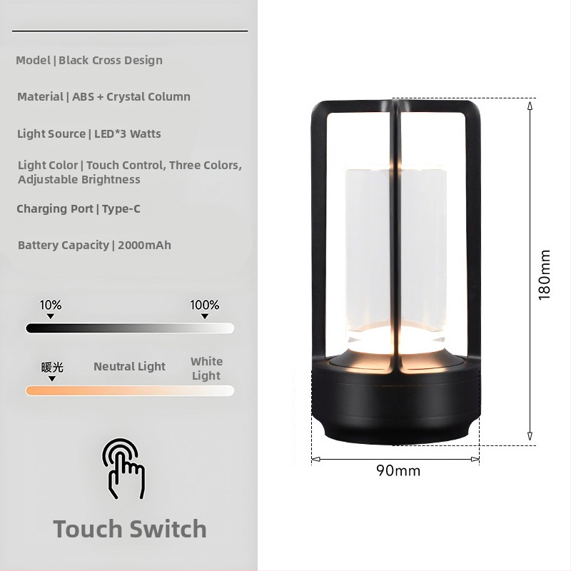 Stalo lempa su kryžiaus formos krištolo dizainu, įkraunama, prisilietimo valdymas, aplinkos šviesa, metalo laikiklis