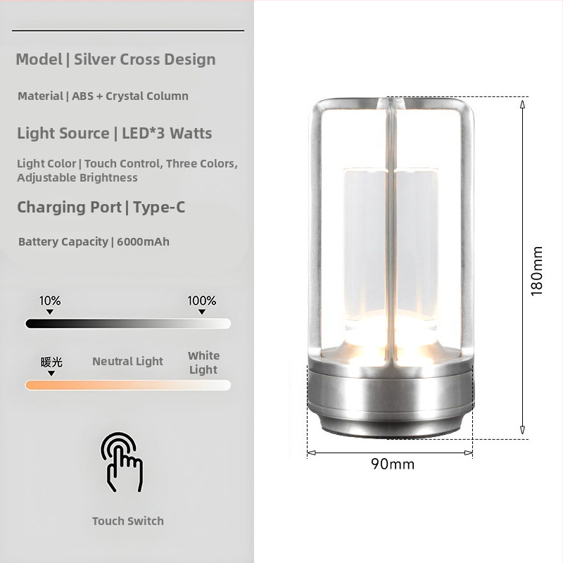 Stalo lempa su kryžiaus formos krištolo dizainu, įkraunama, prisilietimo valdymas, aplinkos šviesa, metalo laikiklis