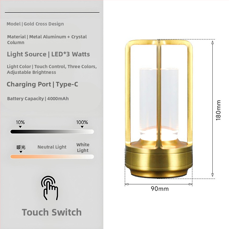 Stalo lempa su kryžiaus formos krištolo dizainu, įkraunama, prisilietimo valdymas, aplinkos šviesa, metalo laikiklis
