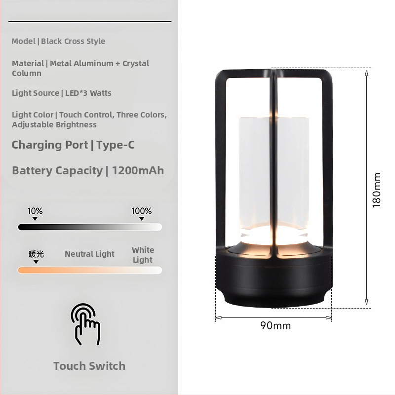 Stalo lempa su kryžiaus formos krištolo dizainu, įkraunama, prisilietimo valdymas, aplinkos šviesa, metalo laikiklis