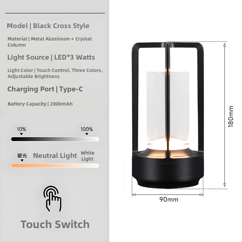 Stalo lempa su kryžiaus formos krištolo dizainu, įkraunama, prisilietimo valdymas, aplinkos šviesa, metalo laikiklis