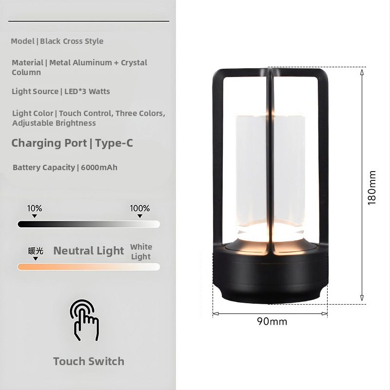 Stalo lempa su kryžiaus formos krištolo dizainu, įkraunama, prisilietimo valdymas, aplinkos šviesa, metalo laikiklis