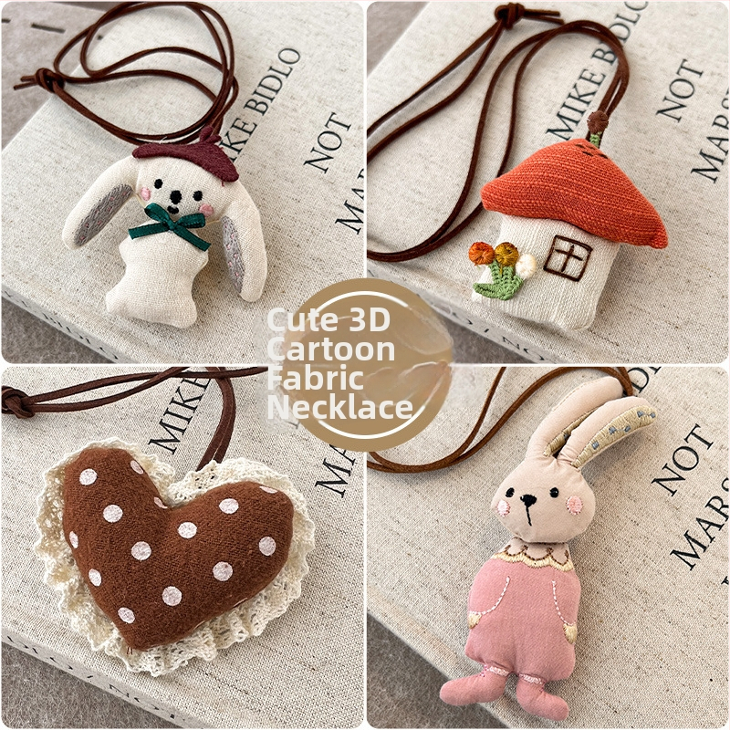 Detský náhrdelník s 3D zajačikom karikatúrou a malým príveskom jablka, textilný prívesok, predĺžený reťazec 11 cm+, vhodný pre vek 3–10 rokov