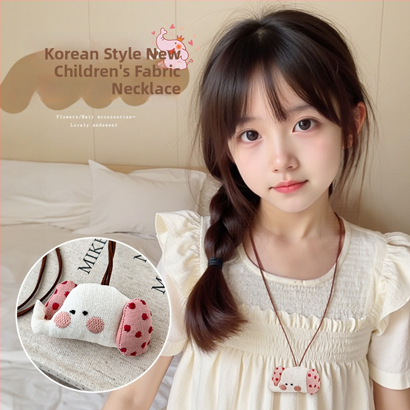 Detský náhrdelník s 3D zajačikom karikatúrou a malým príveskom jablka, textilný prívesok, predĺžený reťazec 11 cm+, vhodný pre vek 3–10 rokov