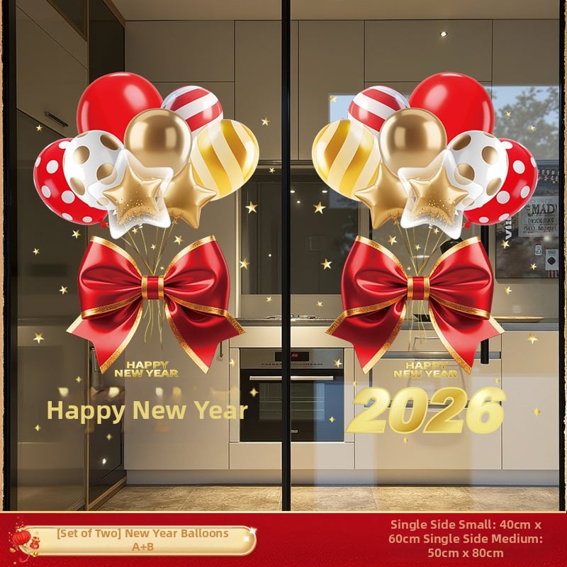 Стикер за стъклена врата – празничен мотив, карикатурна анимация, геометрична абстракция, букви/цифри; PVC материал, декоративно оформление за всекидневна/ресторант/търговско помещение; стил: китайски, плосък стенен стикер