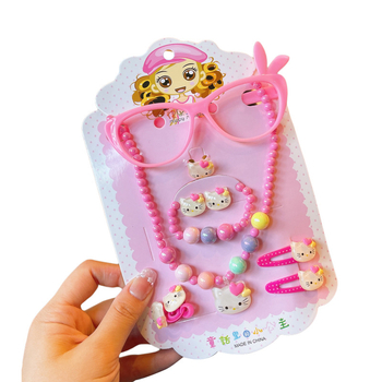 Vaikų animacinių filmų papuošalų rinkinys: vėrinys, apyrankė, žiedas ir plaukų segtukas; gyvūnų/zodiako formos; plastikinis pakabukas; kamuoliukų grandinė; apimtis 21–50 cm