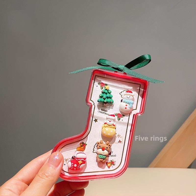 Juvelierizstrādājumu komplekts: regulējams gredzens un karikatūras Ziemassvētku vecītis auskari — Ziemassvētku dāvana bērniem