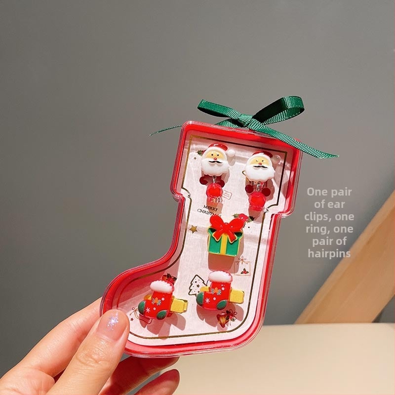 Juvelierizstrādājumu komplekts: regulējams gredzens un karikatūras Ziemassvētku vecītis auskari — Ziemassvētku dāvana bērniem