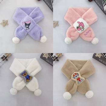 Vaikų pūkuotas šalikėlis su karikatūrų raštu rudenį ir žiemą, stačiakampio formos, paprasta austa