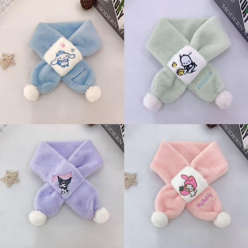 Vaikų pūkuotas šalikėlis su karikatūrų raštu rudenį ir žiemą, stačiakampio formos, paprasta austa