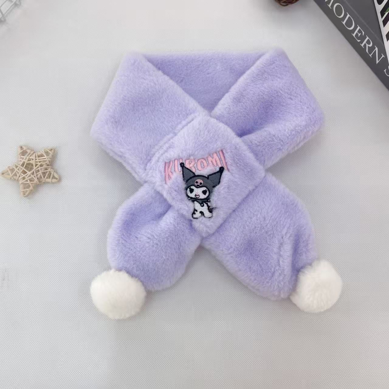 Vaikų pūkuotas šalikėlis su karikatūrų raštu rudenį ir žiemą, stačiakampio formos, paprasta austa