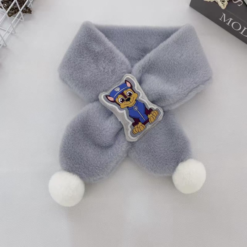 Vaikų pūkuotas šalikėlis su karikatūrų raštu rudenį ir žiemą, stačiakampio formos, paprasta austa