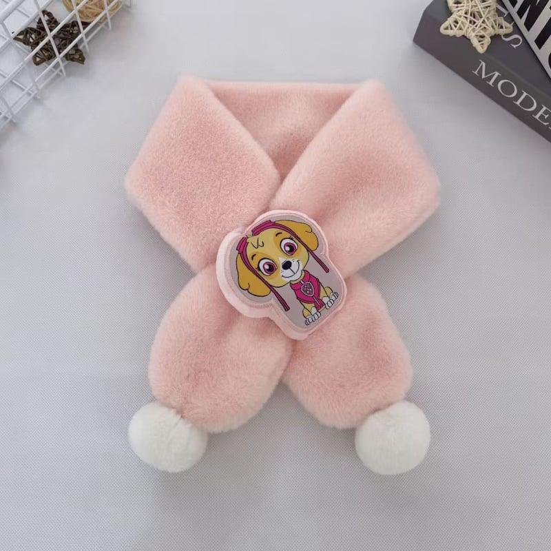 Vaikų pūkuotas šalikėlis su karikatūrų raštu rudenį ir žiemą, stačiakampio formos, paprasta austa