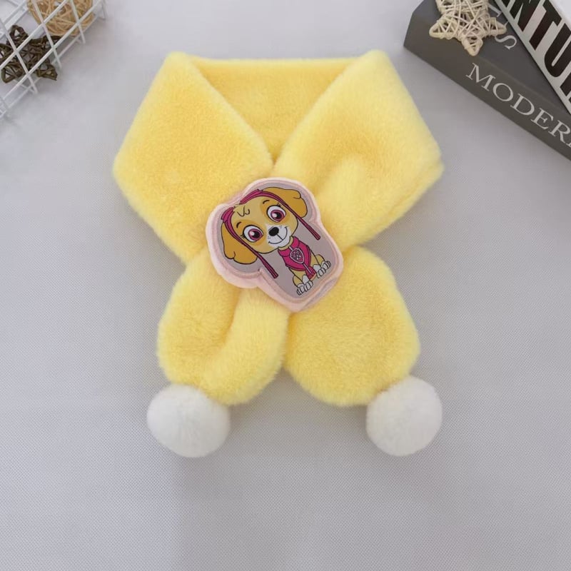 Vaikų pūkuotas šalikėlis su karikatūrų raštu rudenį ir žiemą, stačiakampio formos, paprasta austa