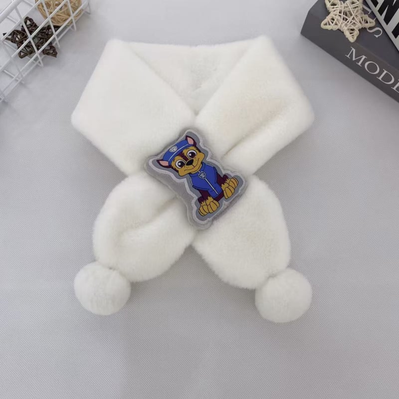 Vaikų pūkuotas šalikėlis su karikatūrų raštu rudenį ir žiemą, stačiakampio formos, paprasta austa