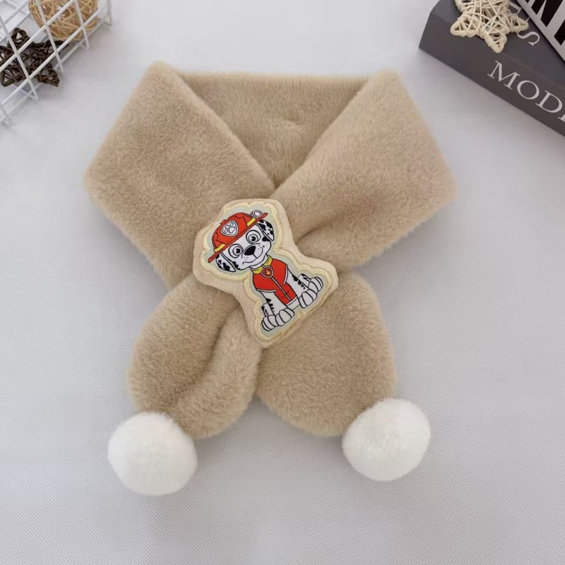 Vaikų pūkuotas šalikėlis su karikatūrų raštu rudenį ir žiemą, stačiakampio formos, paprasta austa