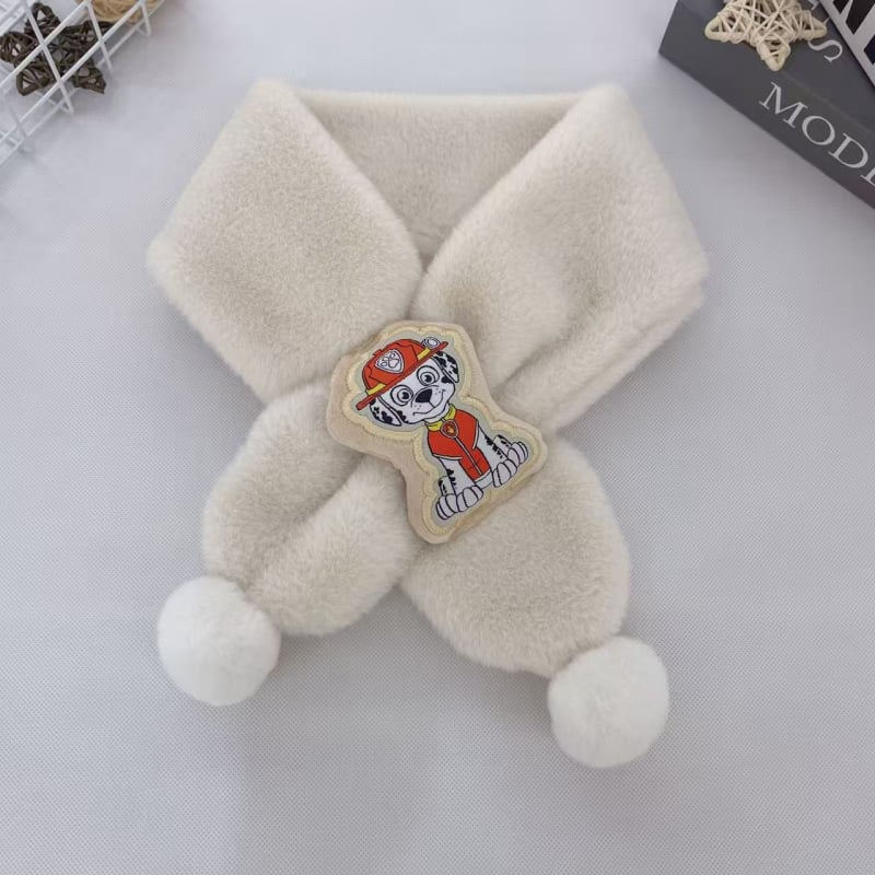 Vaikų pūkuotas šalikėlis su karikatūrų raštu rudenį ir žiemą, stačiakampio formos, paprasta austa