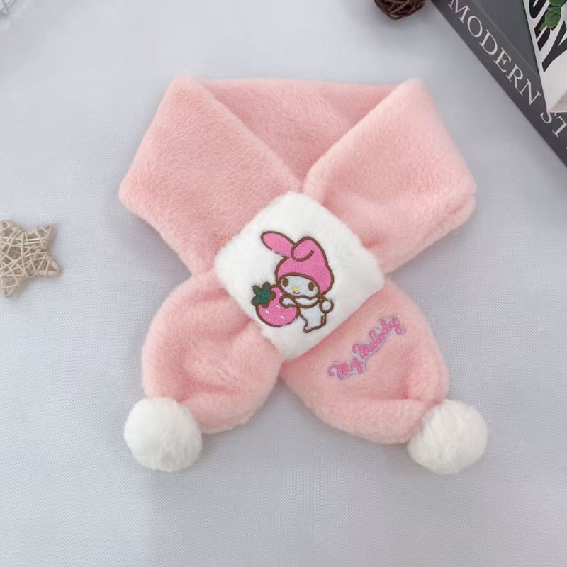 Vaikų pūkuotas šalikėlis su karikatūrų raštu rudenį ir žiemą, stačiakampio formos, paprasta austa