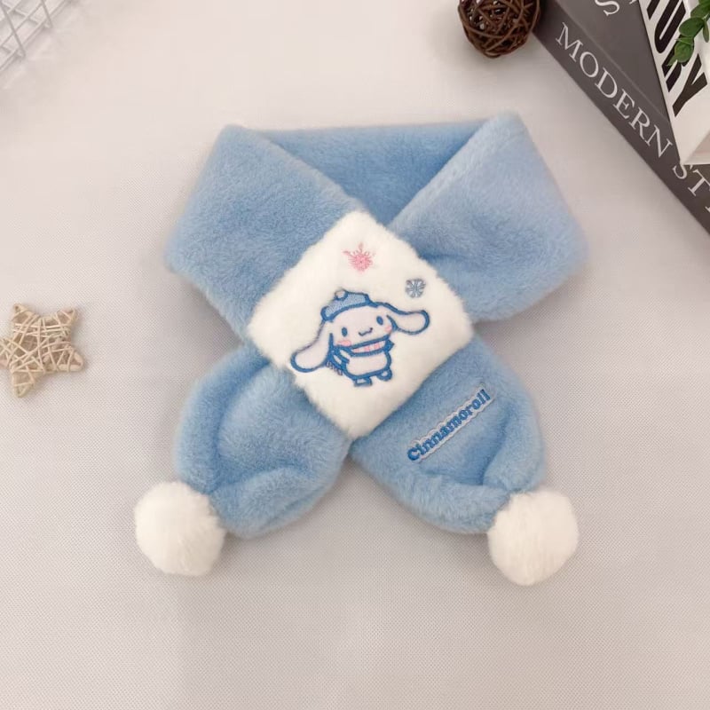 Vaikų pūkuotas šalikėlis su karikatūrų raštu rudenį ir žiemą, stačiakampio formos, paprasta austa