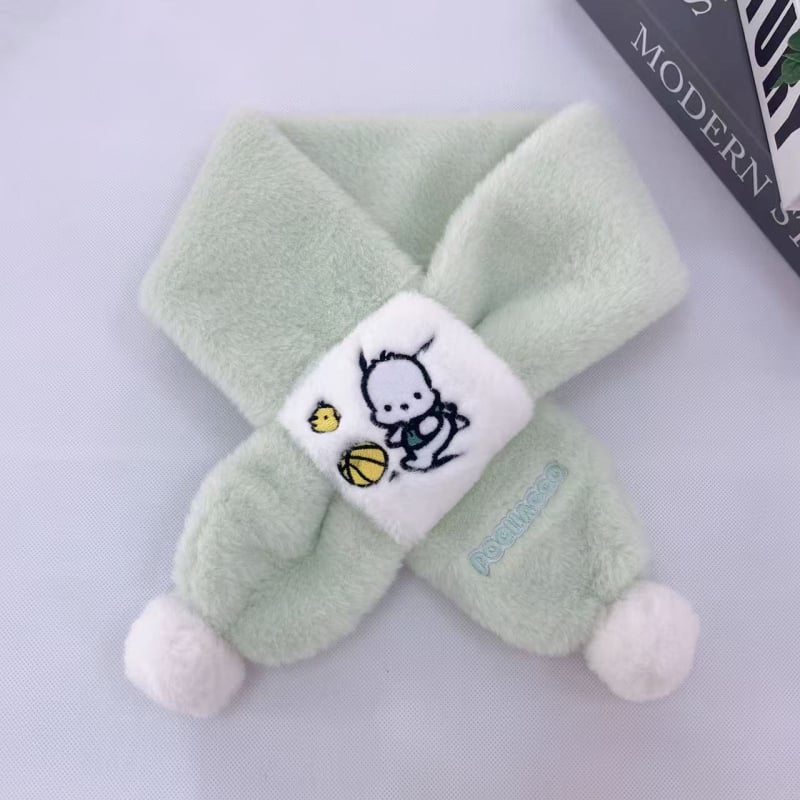 Vaikų pūkuotas šalikėlis su karikatūrų raštu rudenį ir žiemą, stačiakampio formos, paprasta austa