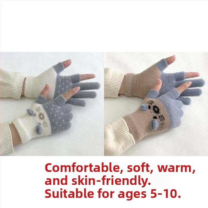 Vaikų pirštinės su veliūrine įdanga, dviejų pirštų dizainas, jautrios skaitmenų ekranams, animacinio stiliaus, rudens-žiemos sezonas