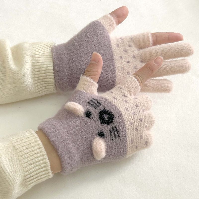 Vaikų pirštinės su veliūrine įdanga, dviejų pirštų dizainas, jautrios skaitmenų ekranams, animacinio stiliaus, rudens-žiemos sezonas