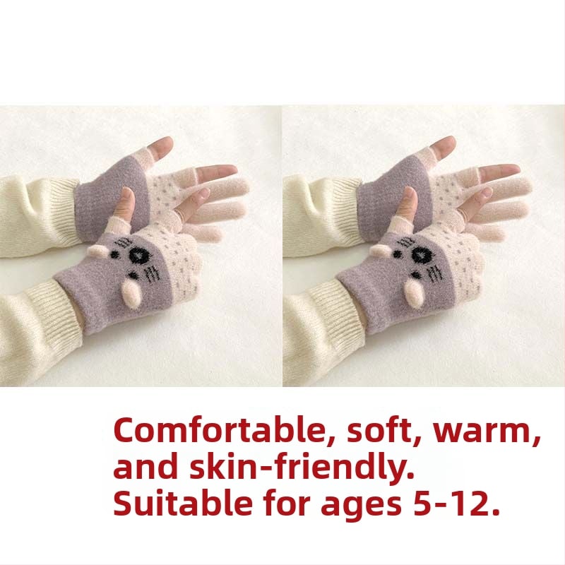 Vaikų pirštinės su veliūrine įdanga, dviejų pirštų dizainas, jautrios skaitmenų ekranams, animacinio stiliaus, rudens-žiemos sezonas