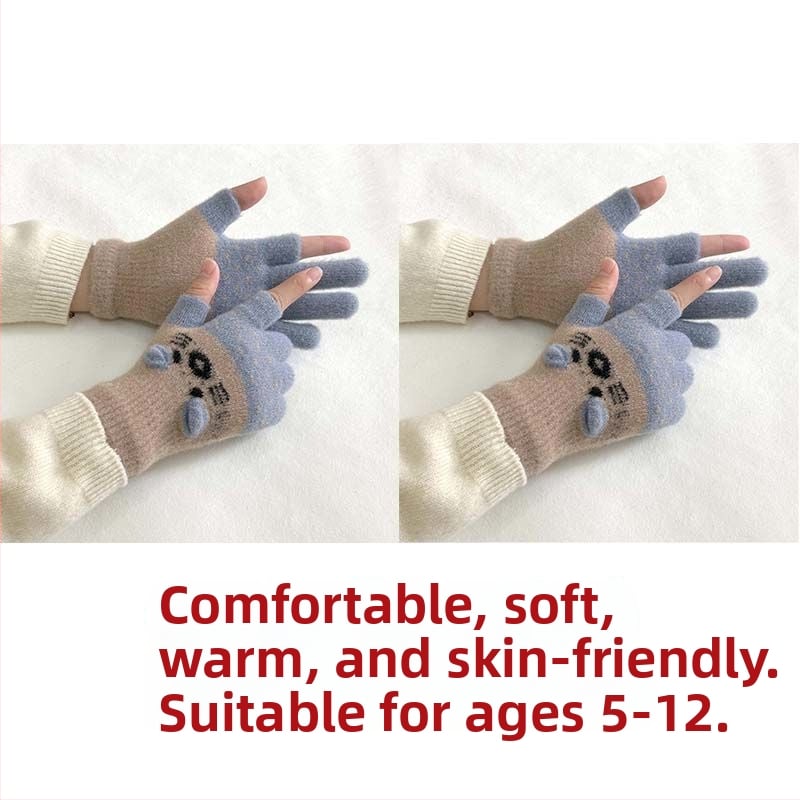 Vaikų pirštinės su veliūrine įdanga, dviejų pirštų dizainas, jautrios skaitmenų ekranams, animacinio stiliaus, rudens-žiemos sezonas