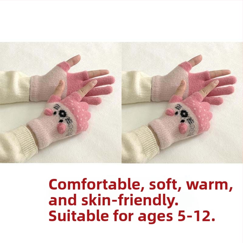 Vaikų pirštinės su veliūrine įdanga, dviejų pirštų dizainas, jautrios skaitmenų ekranams, animacinio stiliaus, rudens-žiemos sezonas