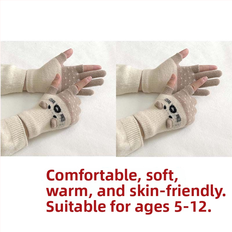 Vaikų pirštinės su veliūrine įdanga, dviejų pirštų dizainas, jautrios skaitmenų ekranams, animacinio stiliaus, rudens-žiemos sezonas